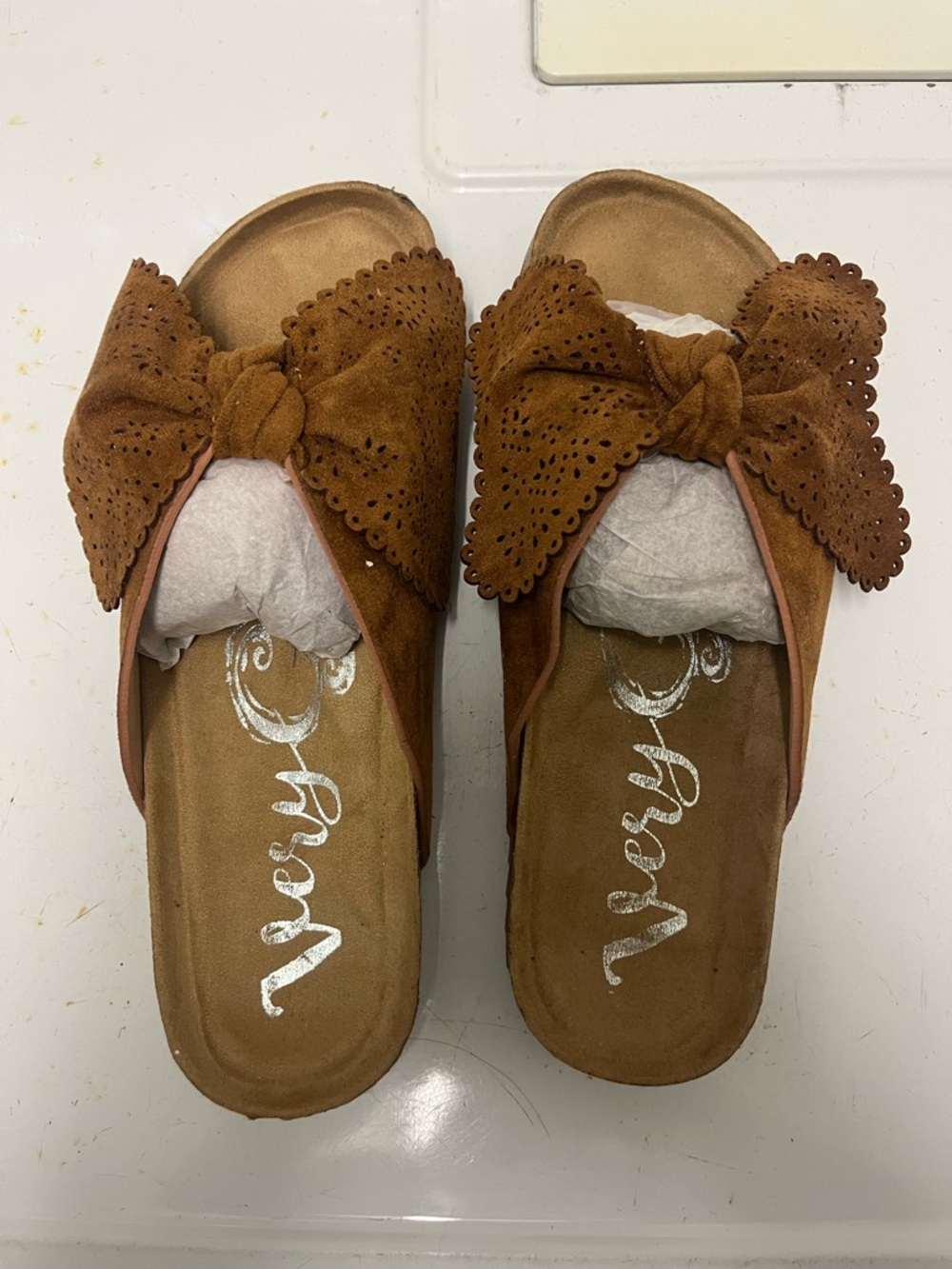 Very G Brown Suede Bow Slide Sandals